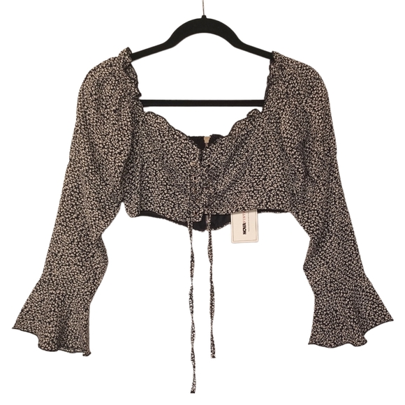 FASHION NOVA VINTAGE White Floral Print Ruffle Mini Black Lace Up 2 Pc Small NWT - Picture 6 of 15